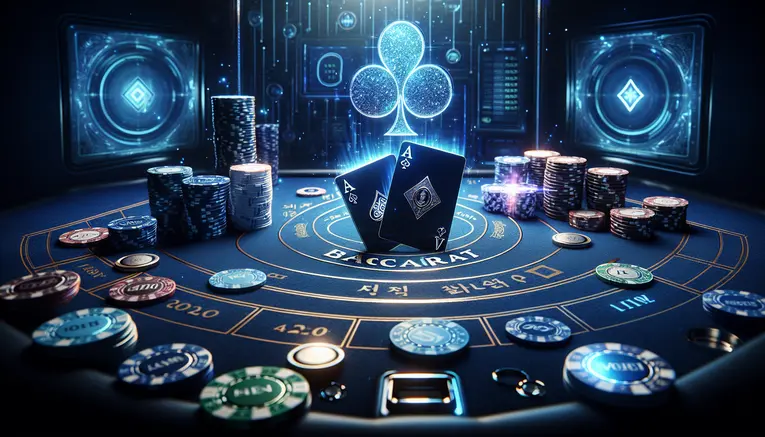 A luxurious digital baccarat table with glowing cards and a holographic Korean Won symbol, representing a premium online baccarat experience for Thais in Korea.