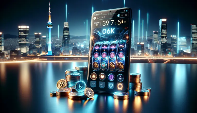 A sophisticated image of a smartphone showing an online casino interface, with glowing South Korean Won coins in front, set against a futuristic blue Seoul skyline, representing UFA Korea 999.