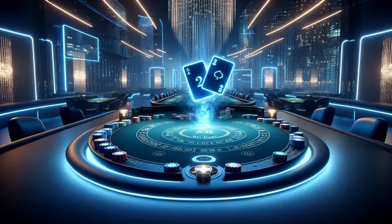 A modern baccarat table with glowing holographic cards, symbolizing a guide to playing Korean Baccarat for beginners in 2026.