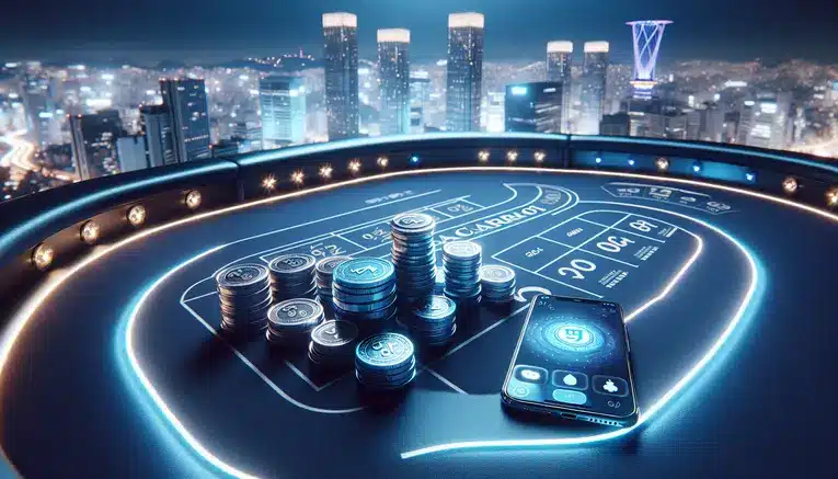 A luxurious Baccarat table featuring stacks of glowing Korean Won coins instead of chips, illustrating the financial benefits of playing Korean Baccarat with local currency.