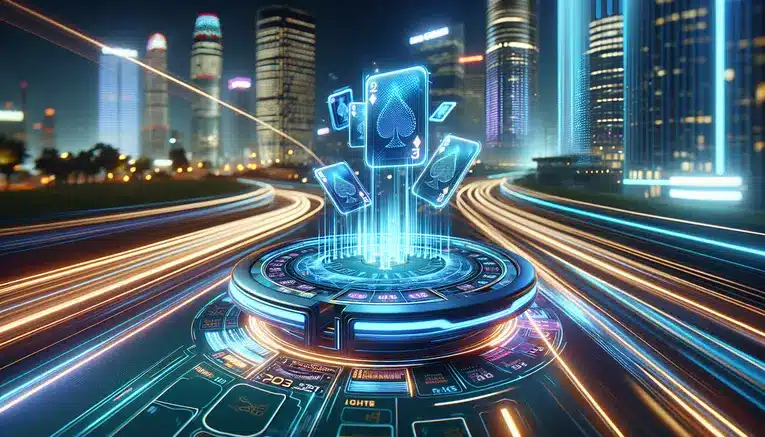 A high-tech 3D render of a glowing blue holographic baccarat table set against a modern Korean city skyline at night, representing instant 24/7 online baccarat.