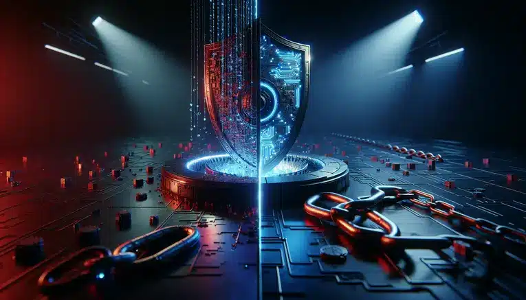 A split image showing a secure blue digital shield protecting a baccarat game on one side, and a broken fence failing to protect it on the other, symbolizing the safety of direct websites.