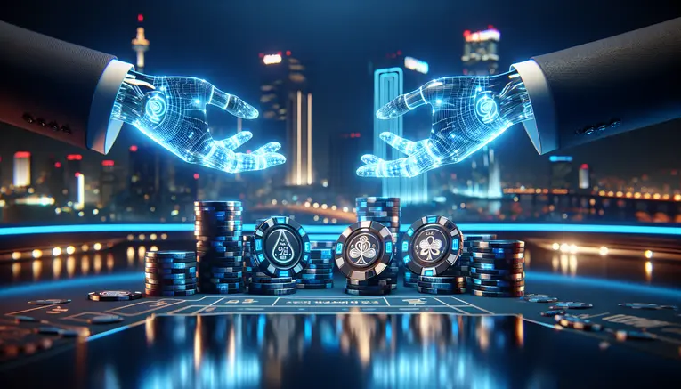 A sophisticated 3D render of glowing baccarat cards and casino chips with the Korean Won symbol, set against a futuristic digital interface with a blurred Seoul skyline, representing a premium online casino in Korea.