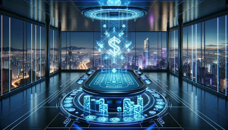 A sophisticated digital interface showing a game of Korean baccarat, with glowing cards and chips, set against the backdrop of the Seoul skyline at night, representing the UFA Korea 999 platform.