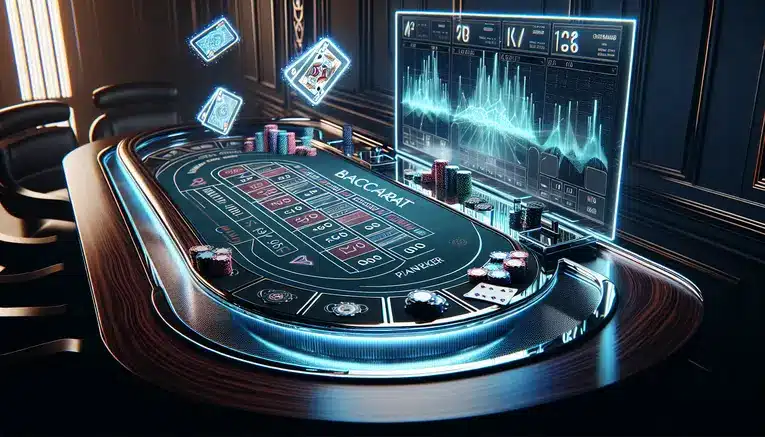 A sophisticated, high-tech Baccarat table with glowing blue holographic cards, representing advanced Baccarat techniques for players in Korea.