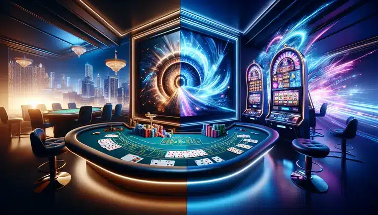 A split image comparing Korean Baccarat, represented by elegant cards and chips on a blue table, and Korean Slots, shown as a vibrant, glowing digital slot machine screen.