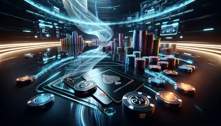 A sophisticated image representing Baccarat in Korean Won, featuring glowing playing cards and casino chips with the Won symbol on a futuristic blue-lit table.