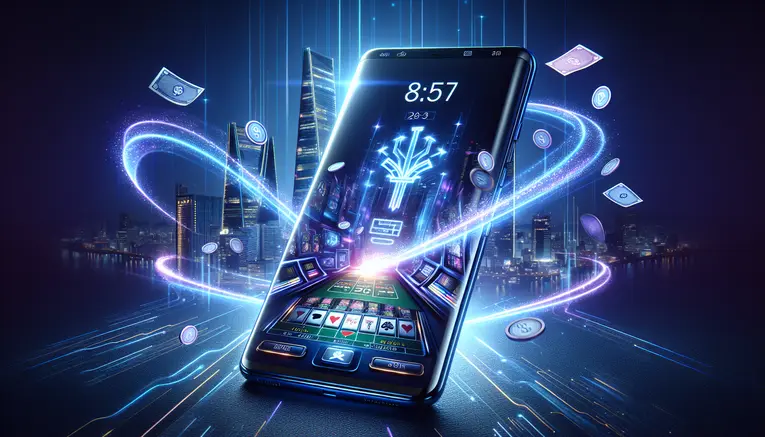 A smartphone displaying vibrant online slot and baccarat games, surrounded by glowing Korean Won symbols, set against a futuristic blue neon background, representing online casinos in Korea for Thais.