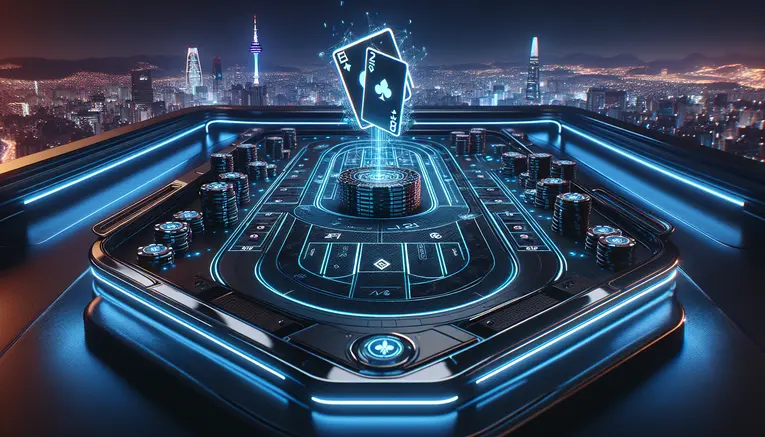 A luxurious, glowing blue digital baccarat table with holographic Korean Won symbols floating around it, set against a nighttime Seoul skyline, representing a premium online baccarat experience in Korea.