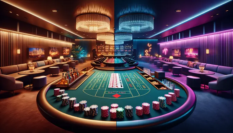 A split-screen image comparing two baccarat styles. The left shows a formal, elegant table (SA Gaming), and the right shows a vibrant, neon-lit table (Sexy Baccarat).