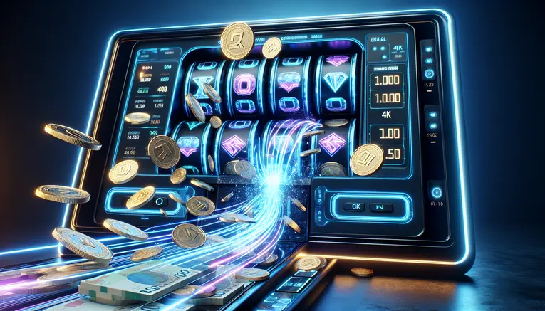 A futuristic 3D render of a digital slot machine with glowing blue reels, with South Korean Won coins and banknotes flying out towards the viewer, representing the excitement of online slots.