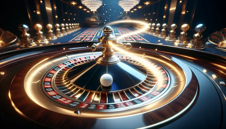 A close-up of a sophisticated, spinning online roulette wheel with a blurred white ball, set against a dark, high-tech blue background, evoking the excitement of the game.