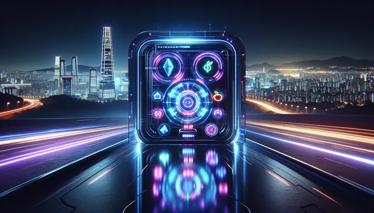 A futuristic holographic interface of a Korean online slot game, glowing with neon blue lights against a dark, high-tech background, representing a modern and secure gaming experience.