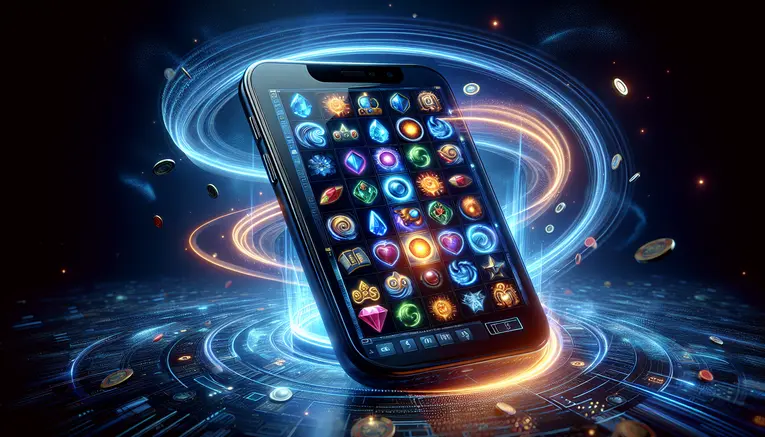 A futuristic image of a smartphone showcasing a vibrant grid of glowing slot game icons, symbolizing the excitement of trying free demo slots online in 2026.