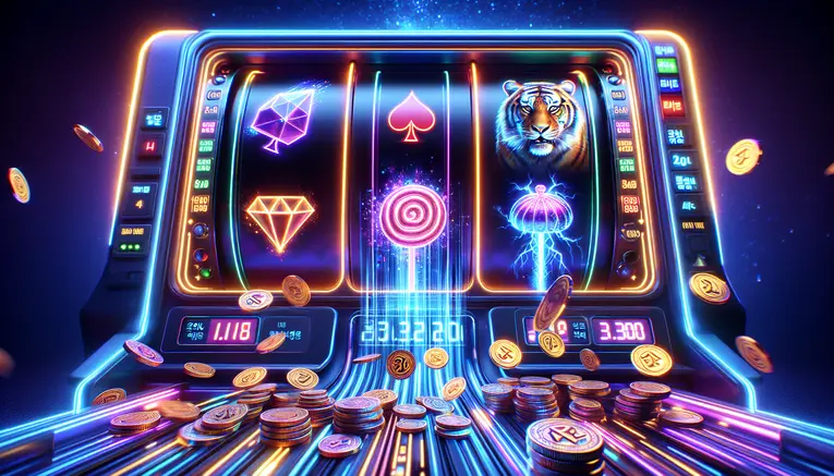 A futuristic slot machine interface with glowing blue icons and a shower of Korean Won coins, representing the best slot games of 2026.