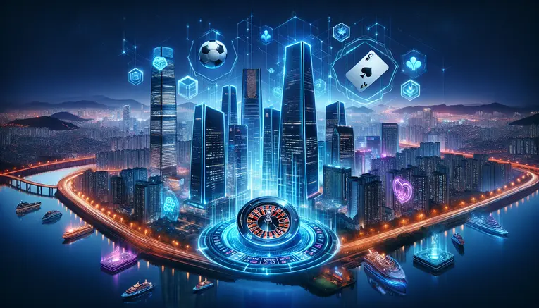 A futuristic night scene of Seoul, representing UFAKOREA999, a top Korean gambling site, with holographic icons for baccarat, slots, and soccer betting floating in the air.