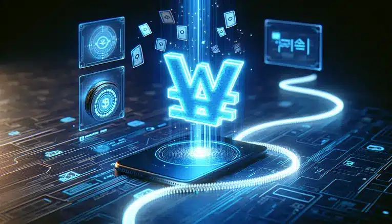 A high-tech digital illustration showing a glowing South Korean Won symbol moving swiftly from a smartphone to a secure vault, representing the fast KRW deposit and withdrawal system at UFAKOREA999.