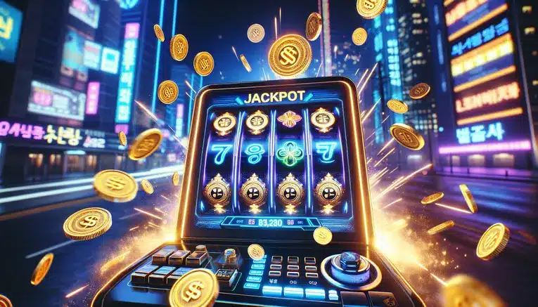 A dynamic and vibrant image of a digital slot machine showing a jackpot win with Korean Won symbols and coins, set against a neon Seoul nightscape, representing exciting slot games for Thais in Korea.