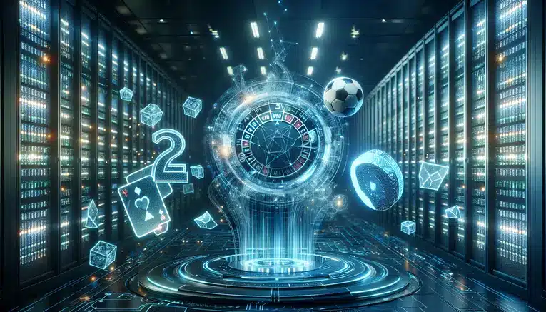 A futuristic digital interface with glowing blue icons of casino games and a soccer ball, representing the modern and secure online entertainment platform UFAKOREA999.