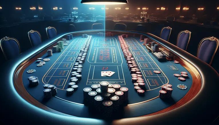 A sophisticated baccarat table symbolizing responsible gambling. One side is neat and controlled with stacked blue chips, while the other side is chaotic with scattered chips.