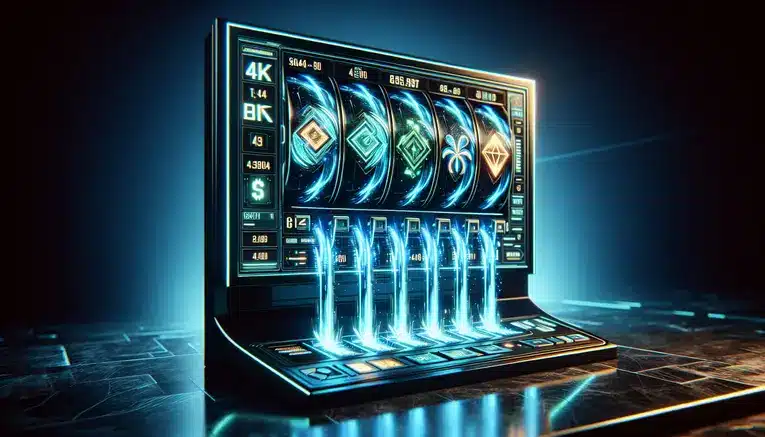 A sleek, futuristic digital slot machine interface with glowing blue neon symbols, representing the excitement of playing modern Korean online slots for beginners.