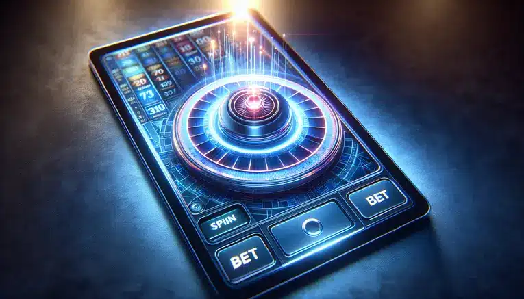 To illustrate the final, action-oriented step of playing: setting the bet and hitting the 'Spin' button.