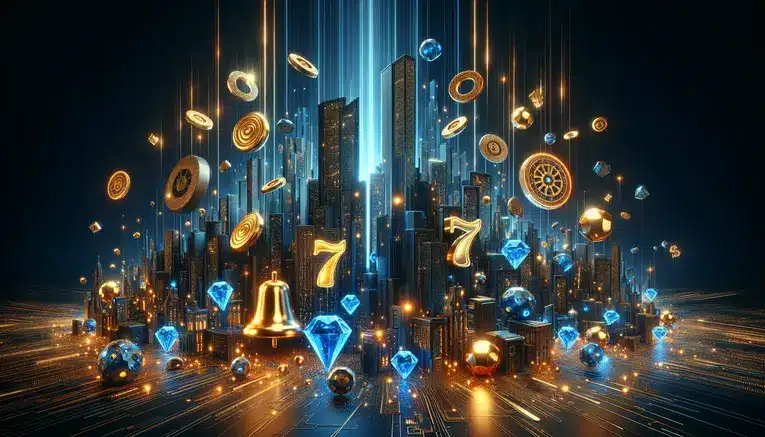 A vibrant collage of popular online slot game symbols glowing with blue and gold light, set against a futuristic Seoul skyline at night, representing the excitement of online slots for Thais in Korea.