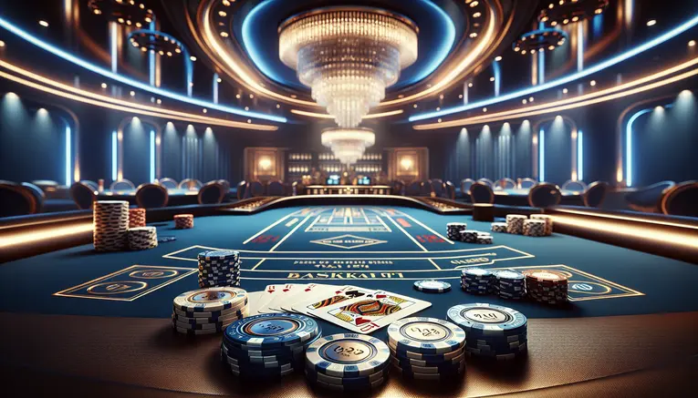 A luxurious Baccarat table setup for beginners, showing playing cards for the Player and Banker hands on a blue felt surface, with casino chips ready for betting.