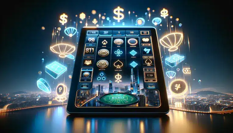 A modern tablet showcasing an online casino interface with game icons, set against a futuristic Korean cityscape background, representing a review of Korean gambling sites for Thais.
