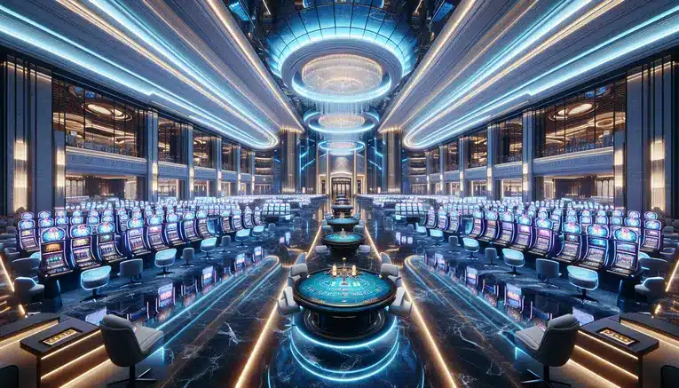 A wide-angle view of a luxurious and modern casino interior in South Korea, with glowing blue neon lights and empty gaming tables, welcoming foreign visitors.