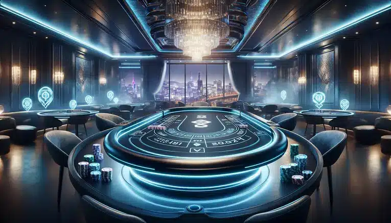 A sophisticated digital Baccarat table with glowing holographic chips showing the Korean Won symbol, representing online Baccarat for Thais in Korea.