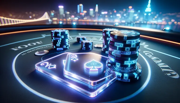 A sophisticated 3D render of a futuristic baccarat game, with glowing playing cards and casino chips marked with the Korean Won symbol, set against a neon-lit Seoul skyline at night.