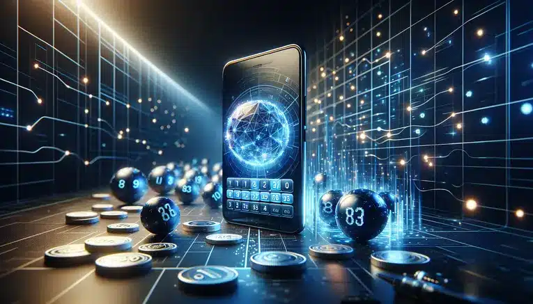 A high-tech visualization of the UFA Korea 999 online lottery, showing a smartphone with a lottery interface surrounded by glowing blue lottery balls and Korean Won coins.