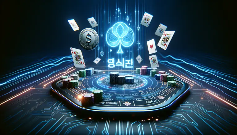 A high-tech digital interface showing a glowing baccarat game, with floating cards and a Korean Won symbol, representing online baccarat for Thais in Korea.