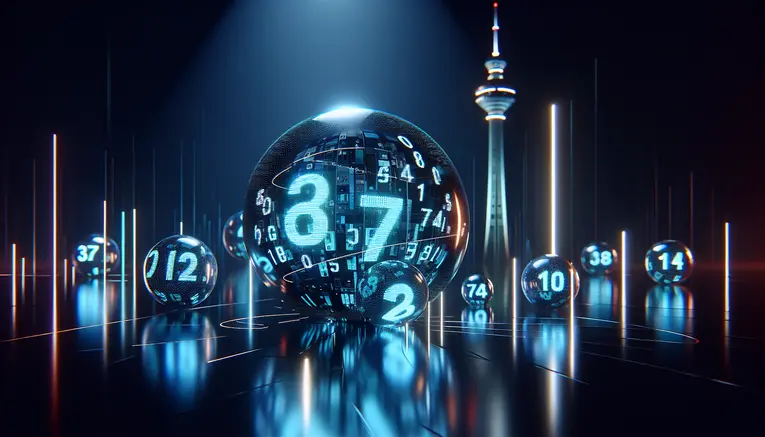 An exciting digital representation of Korean lottery results, featuring glowing blue lottery balls and a silhouette of the N Seoul Tower.