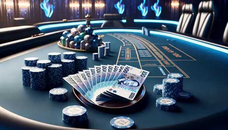 A sophisticated Baccarat table displaying 10,000 South Korean Won banknotes next to casino chips, illustrating the concept of betting with KRW currency.