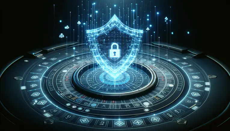 A high-tech 3D render of a glowing blue security shield with a padlock icon, protecting a baccarat game table, symbolizing a safe and trustworthy Korean baccarat website.