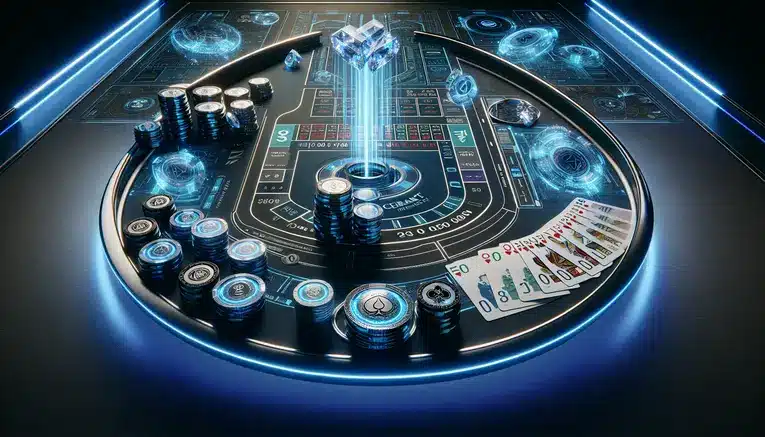 A modern digital baccarat table displaying a winning hand alongside stacks of South Korean Won banknotes and coins, representing online casino gaming with KRW.