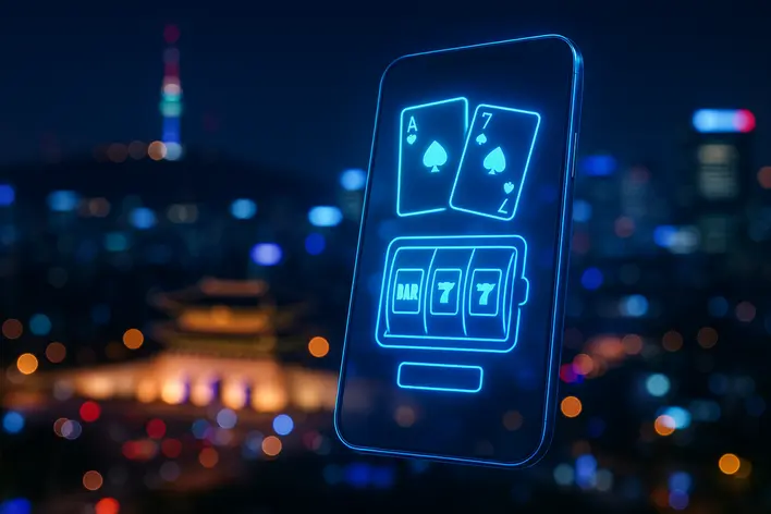 A futuristic visual representing a Korean online casino guide, with a glowing smartphone displaying a casino interface against a neon-lit Seoul nightscape.