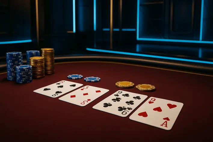 A luxurious live Korean Baccarat table with playing cards and chips, set in a modern studio with blue ambient lighting, representing the premium online casino experience.
