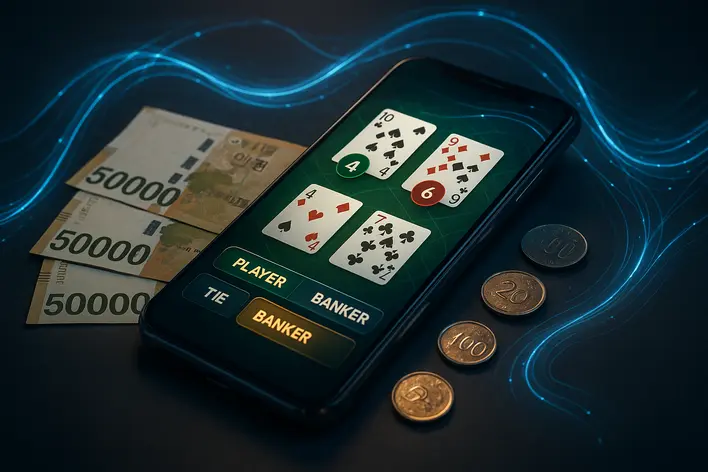A smartphone showing an online baccarat game, surrounded by Korean Won banknotes, illustrating playing casino games in South Korea with local currency via a secure automated system.