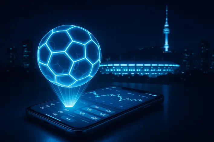 A futuristic image representing the best Korean soccer betting sites, featuring a holographic soccer ball and a smartphone with a betting interface in front of a neon-lit Seoul cityscape and stadium.