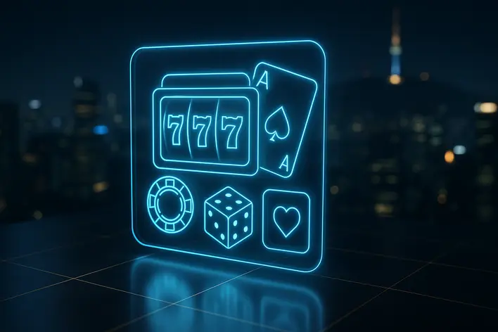 A futuristic holographic display with glowing blue icons for slots and baccarat, set against a modern Korean city skyline, representing a review of top online casino sites in Korea for 2026.