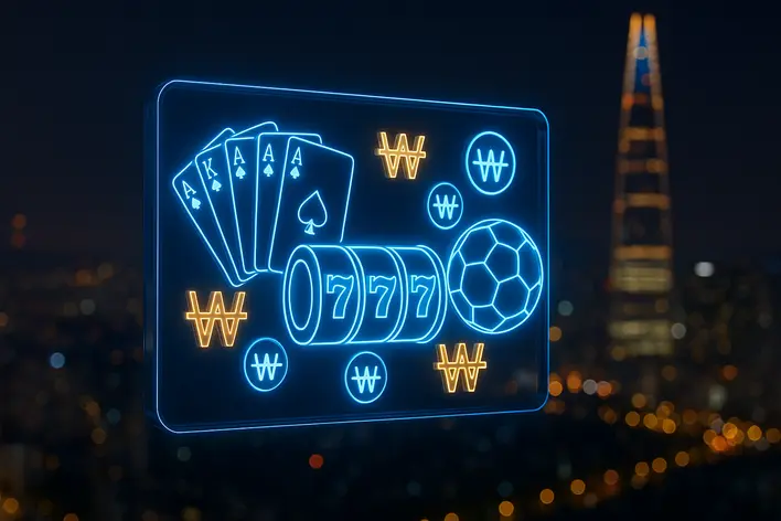 A sophisticated visual representing UFA Korea 999, showing holographic icons for baccarat, slots, and soccer betting with Korean Won symbols against a Seoul night backdrop.