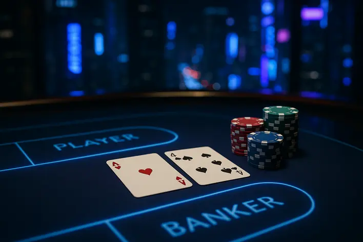 A luxurious, glowing blue neon Baccarat table with cards and chips, set against a backdrop of a modern Korean cityscape at night, representing online Korean Baccarat with the best rates.