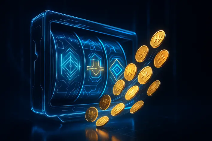 A futuristic 3D rendering of a digital slot machine with glowing blue and gold lights, featuring stylized Korean Won coins cascading down to symbolize a big win.