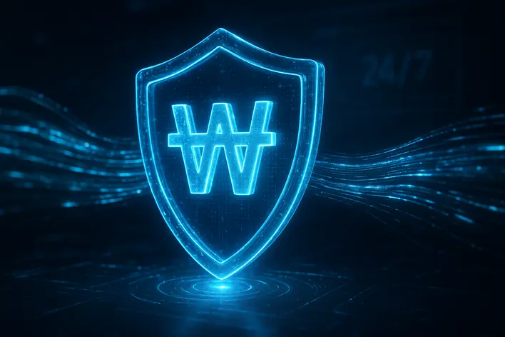 A futuristic 3D render symbolizing the security of a 24/7 automated financial system for online platforms in Korea, featuring a glowing blue shield protecting the Korean Won symbol.