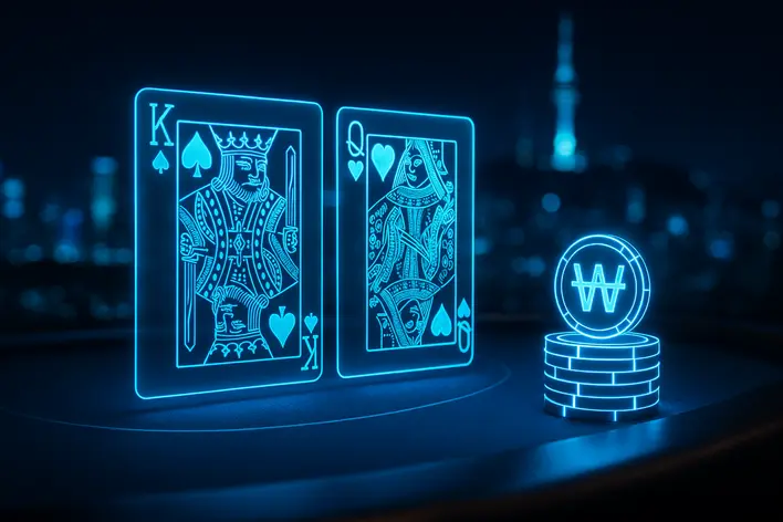 A sophisticated digital representation of online baccarat for the Korean market, featuring glowing holographic cards over a blue table with South Korean Won casino chips, set against a futuristic Seoul skyline.