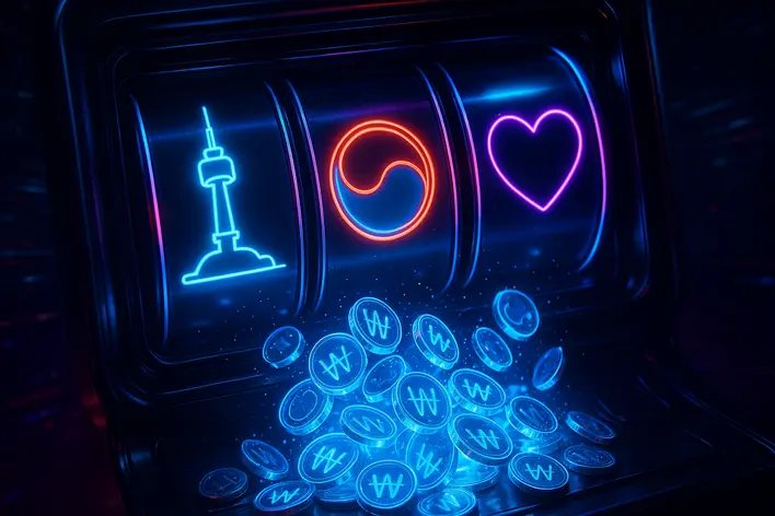 A futuristic digital slot machine with glowing Korean-themed icons and an explosion of Korean Won coins, representing online slots in Korea.