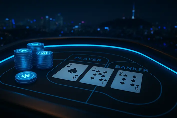 A luxurious and modern Baccarat table with glowing blue chips featuring the Korean Won symbol, set against a backdrop of the Seoul skyline at night, representing Baccarat in Korean Won.